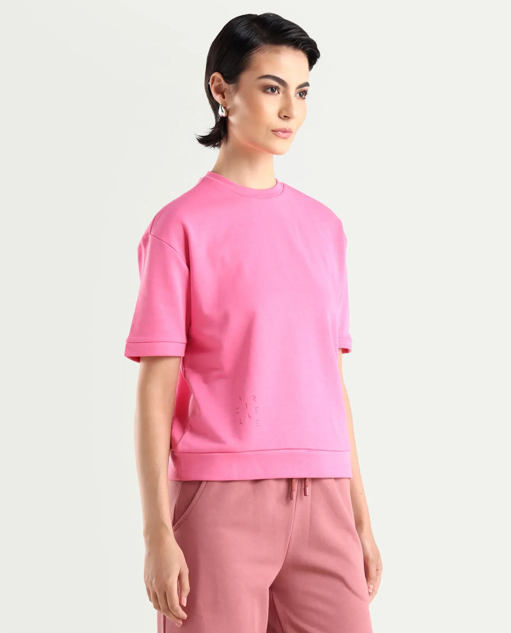Rareism Women's Medium Weight Terry 290 Gsm Cotton Crew Neck Plain Relaxed Fit Sweat Tee