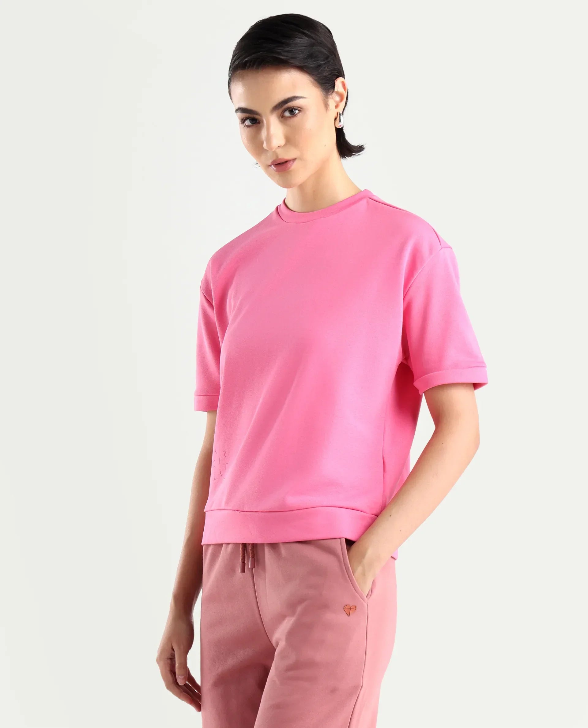 Rareism Women's Medium Weight Terry 290 Gsm Cotton Crew Neck Plain Relaxed Fit Sweat Tee