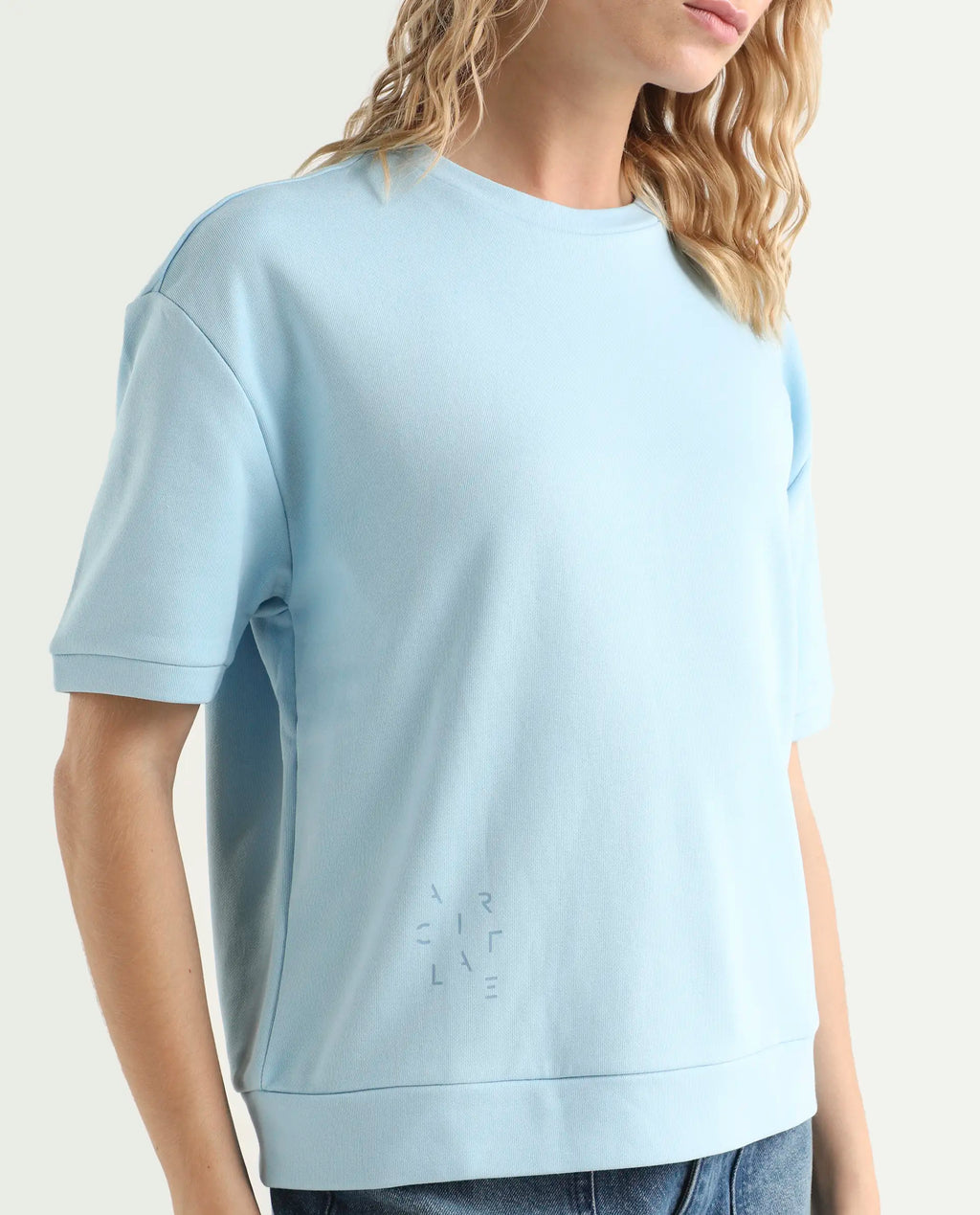 Rareism Women's Medium Weight Terry 290 Gsm Cotton Crew Neck Plain Relaxed Fit Sweat Tee