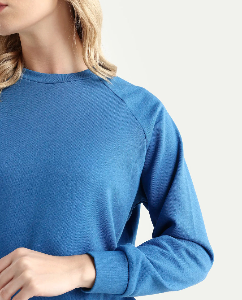 Rareism Women's Medium Weight Terry 290 Gsm Cotton Blend Crew Neck Plain Cuffed Sleeve Relaxed Fit Sweatshirt