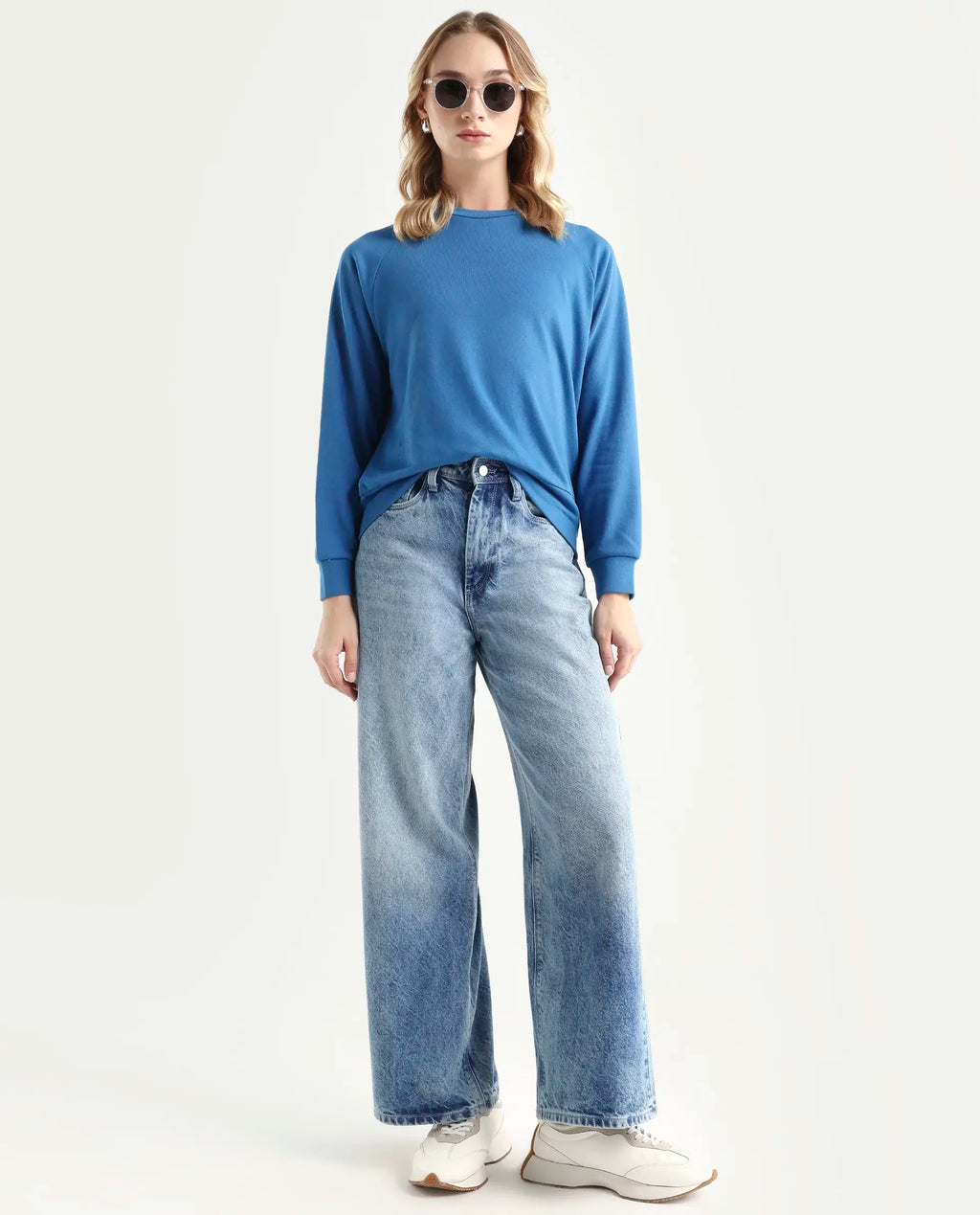 Rareism Women's Medium Weight Terry 290 Gsm Cotton Blend Crew Neck Plain Cuffed Sleeve Relaxed Fit Sweatshirt