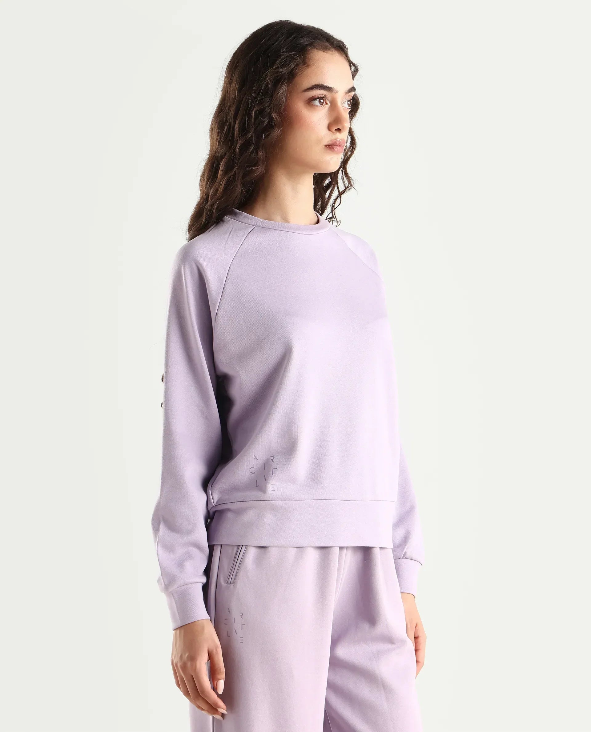 Rareism Women's Medium Weight Terry 290 Gsm Cotton Blend Crew Neck Plain Cuffed Sleeve Relaxed Fit Sweatshirt