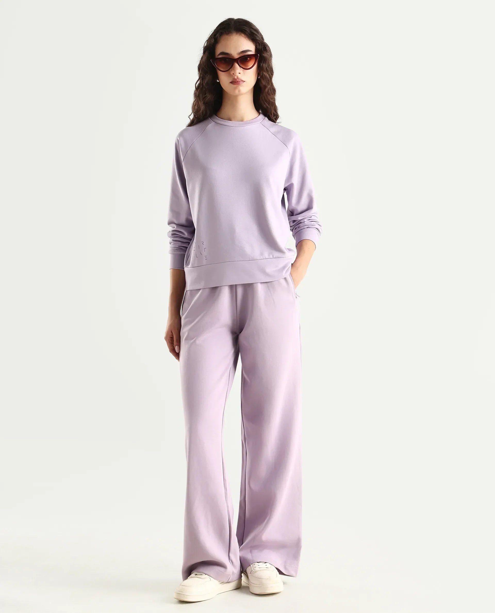 Rareism Women's Medium Weight Terry 290 Gsm Cotton Blend Crew Neck Plain Cuffed Sleeve Relaxed Fit Sweatshirt