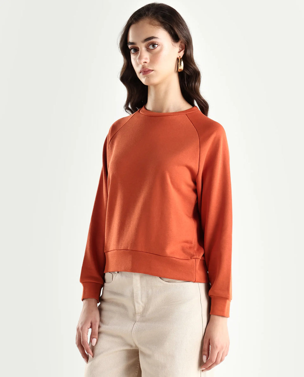 Rareism Women's Medium Weight Terry 290 Gsm Cotton Blend Crew Neck Plain Cuffed Sleeve Relaxed Fit Sweatshirt