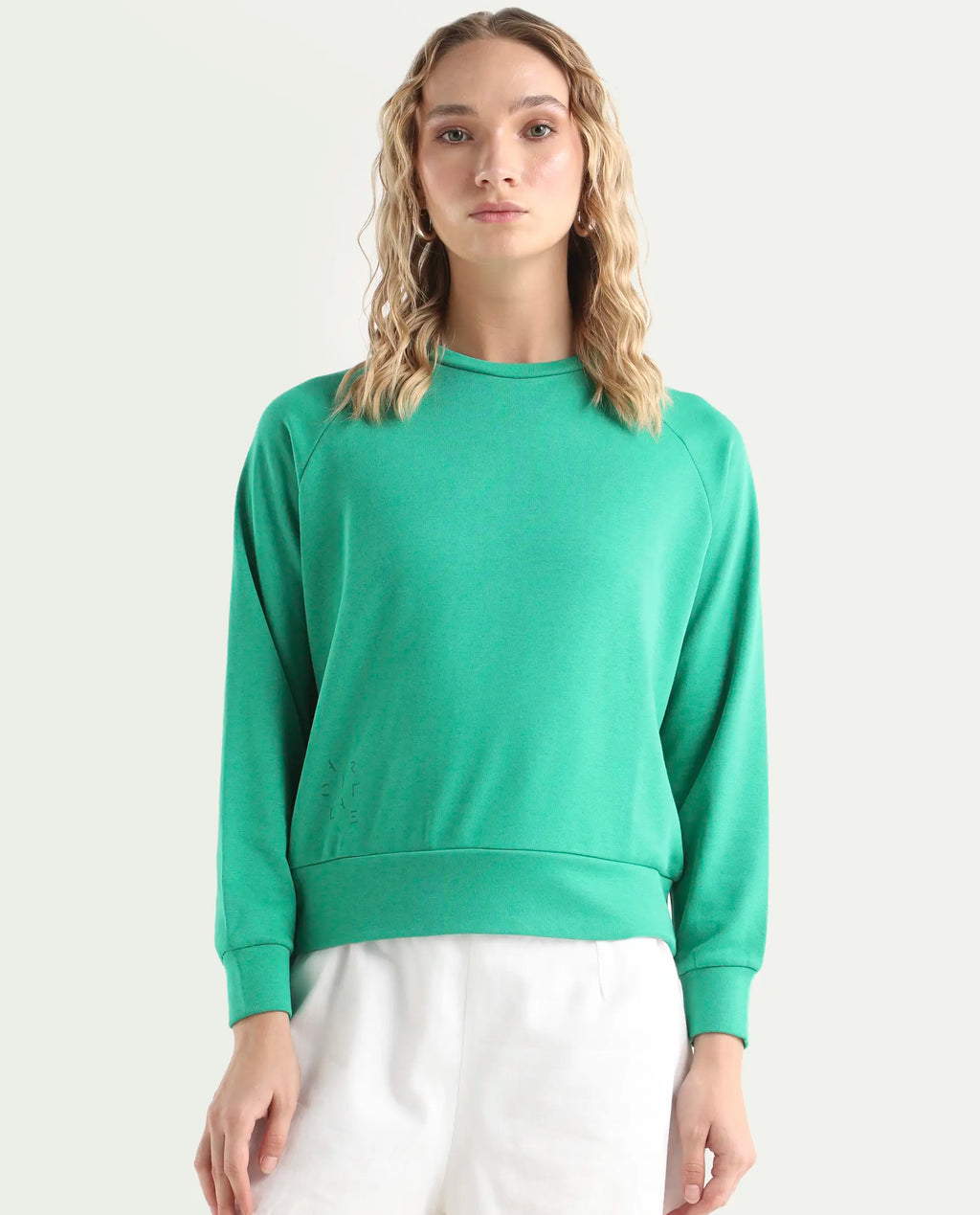 Rareism Women's Medium Weight Terry 290 Gsm Cotton Blend Crew Neck Plain Cuffed Sleeve Relaxed Fit Sweatshirt