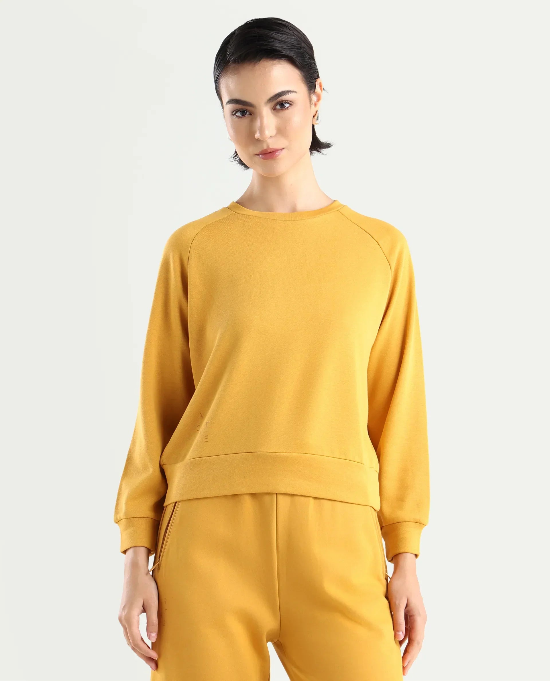 Rareism Women's Medium Weight Terry 290 Gsm Cotton Blend Crew Neck Plain Cuffed Sleeve Relaxed Fit Sweatshirt