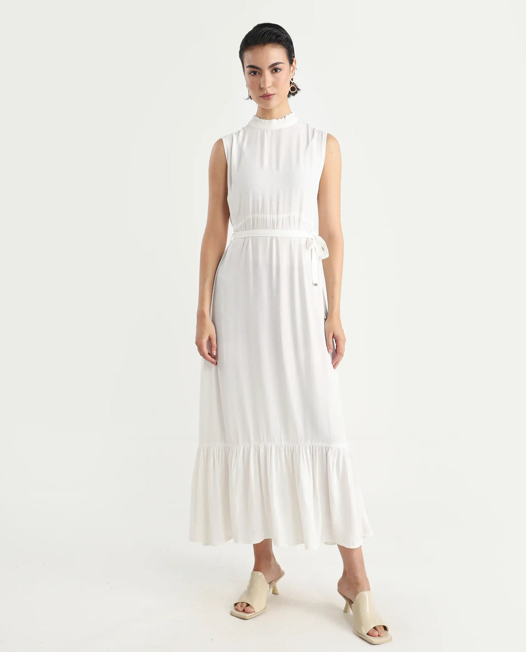Rareism Women's Lilies White Viscose High Neck Plain Sleeveless Maxi Regular Fit Dress