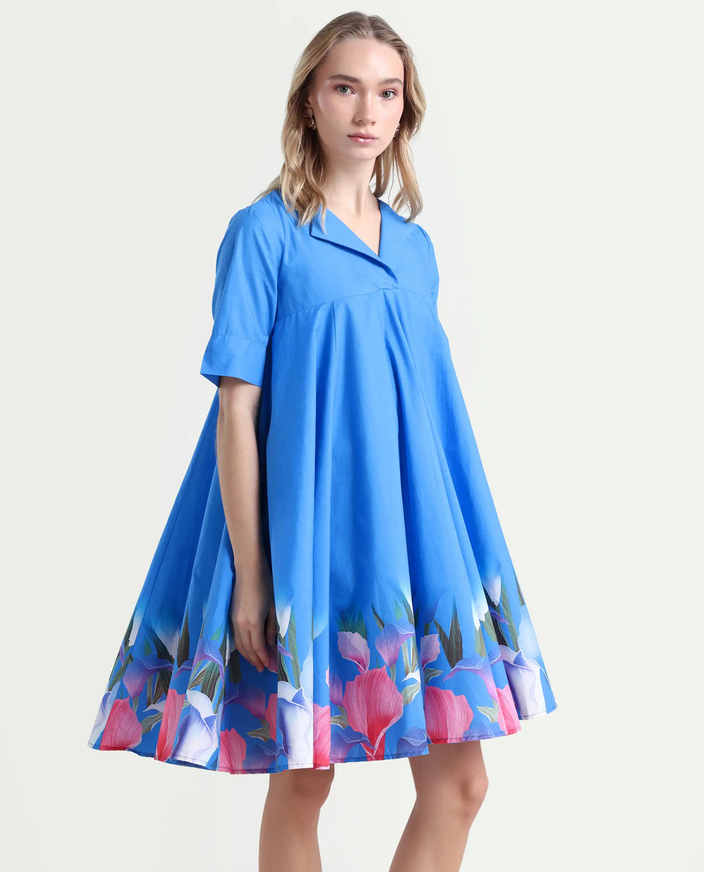 Rareism Women's Xender Blue Cotton Lapel Neck Floral Print Mini Flared Dress