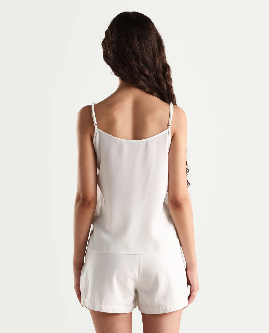 Rareism Women's Slipo Offwhite Polyester V-Neck Plain Shoulder Strap Knee Length Regular Fit Inner Wear Slip