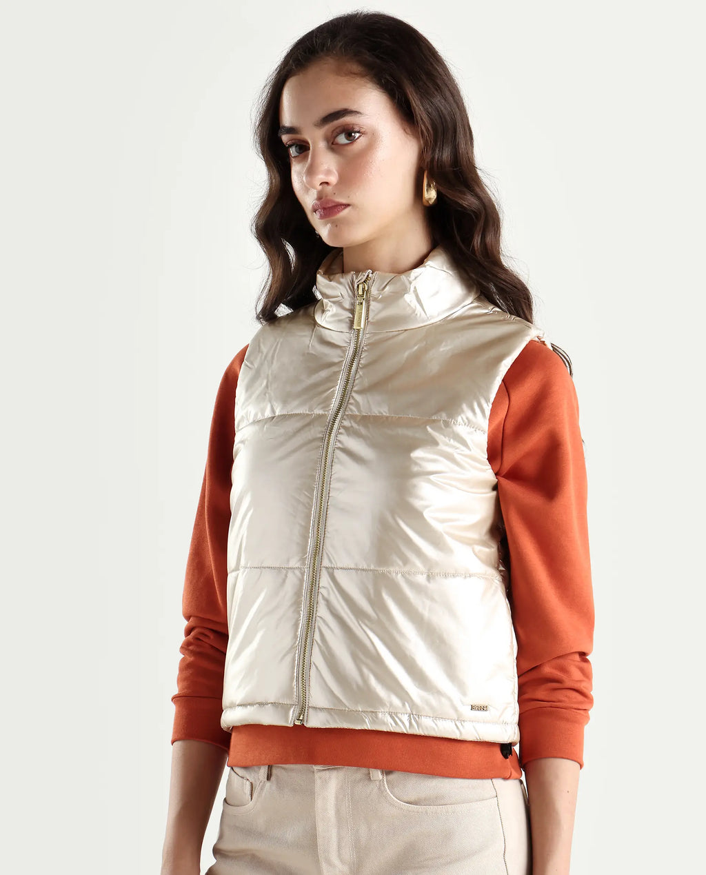 Rareism Women's Mindy Beige Polyester High Neck Plain Sleeveless Regular Fit Jacket