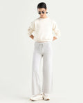 Rareism Women's Finn Track Offwhite Cotton Plain Ankle Length Flared Track Pant