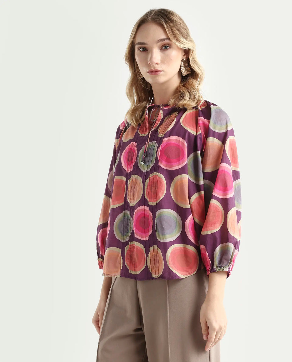 Rareism Women's Orlie Purple Cotton Key Hole Neck Geometric Print Puff Sleeves Relaxed Fit Top