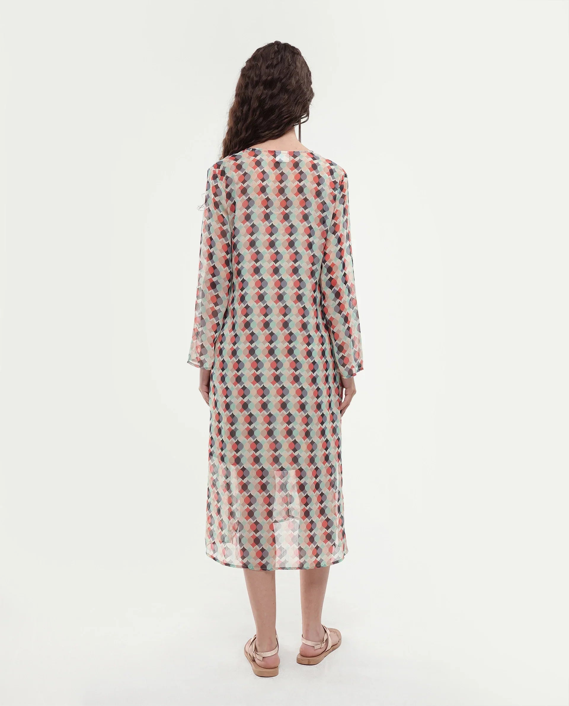 Rareism Women's Mirun Multi Tie-Up Neck Abstract Print Knee Length Regular Fit Dress