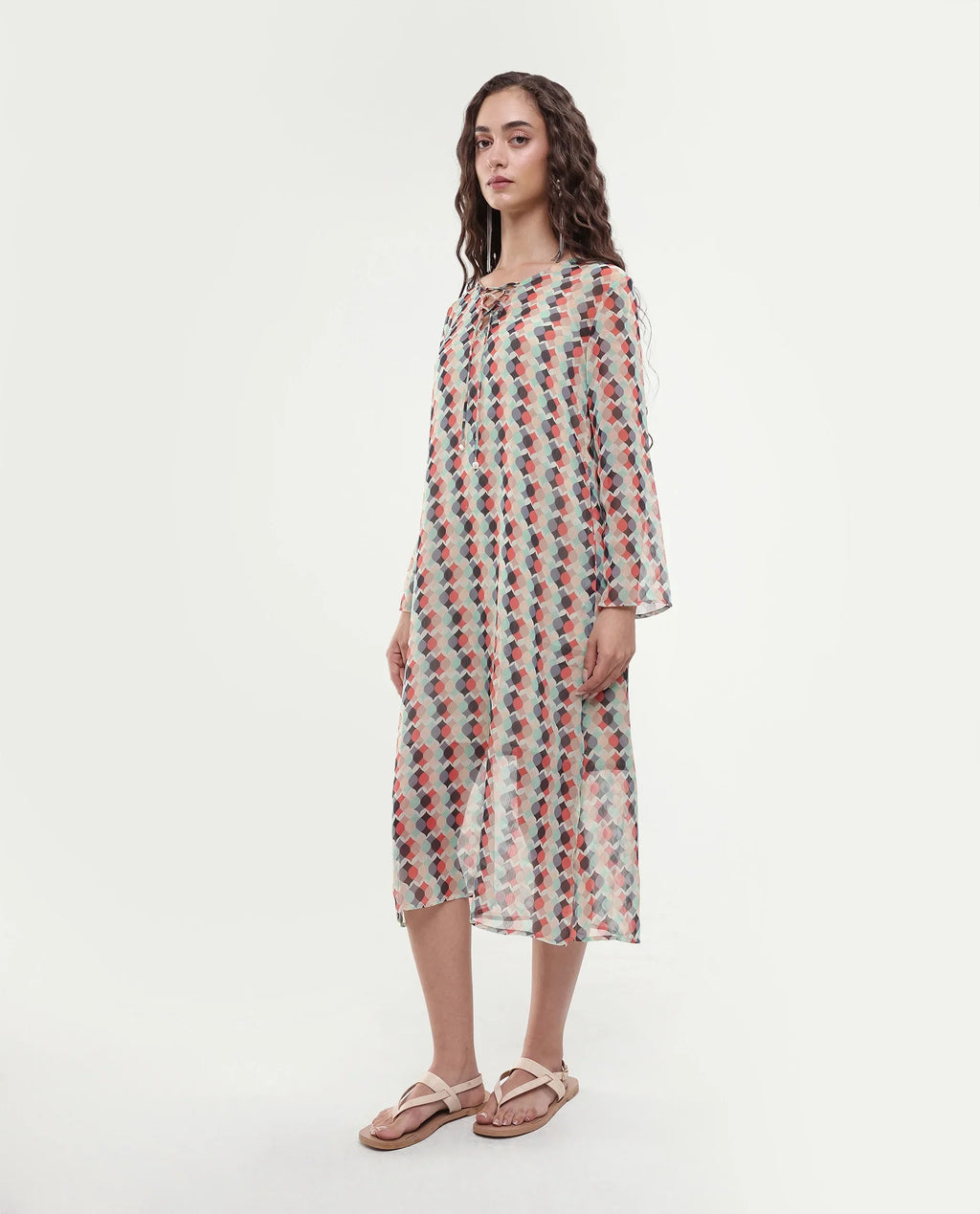 Rareism Women's Mirun Multi Tie-Up Neck Abstract Print Knee Length Regular Fit Dress