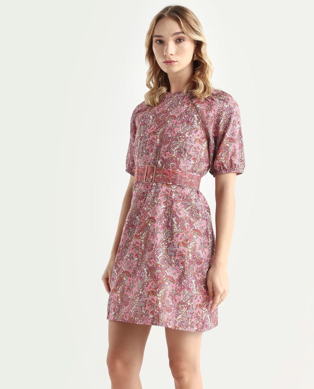 Rareism Women's Palesa Pink High Neck Printed Puff Sleeves Knee Length Regular Fit Dress