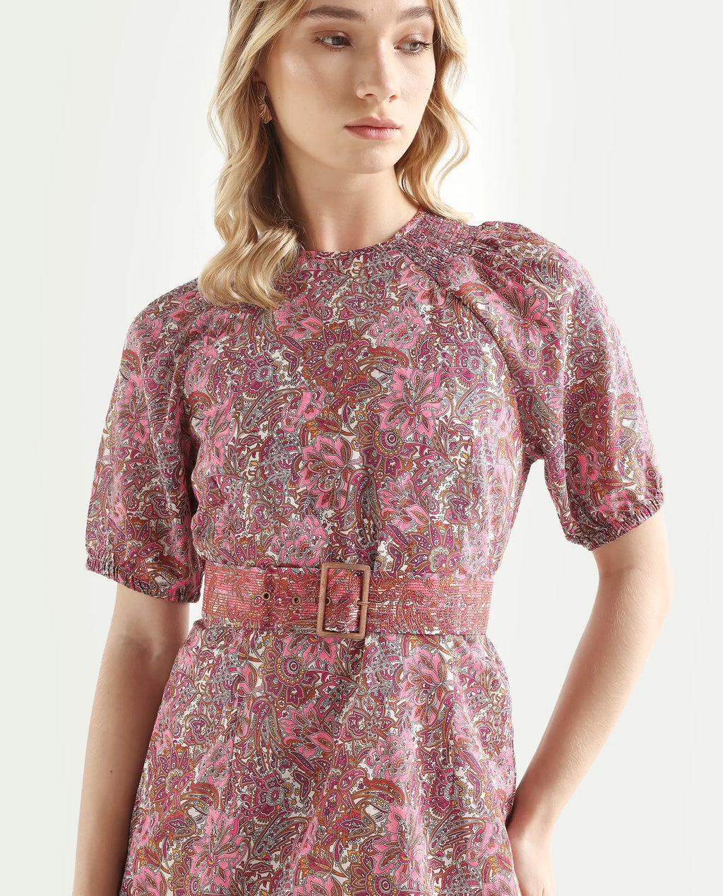 Rareism Women's Palesa Pink High Neck Printed Puff Sleeves Knee Length Regular Fit Dress