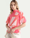 Rareism Women's Theos Pink Cotton Blend V-Neck Abstract Print Volume Sleeve Flared Top