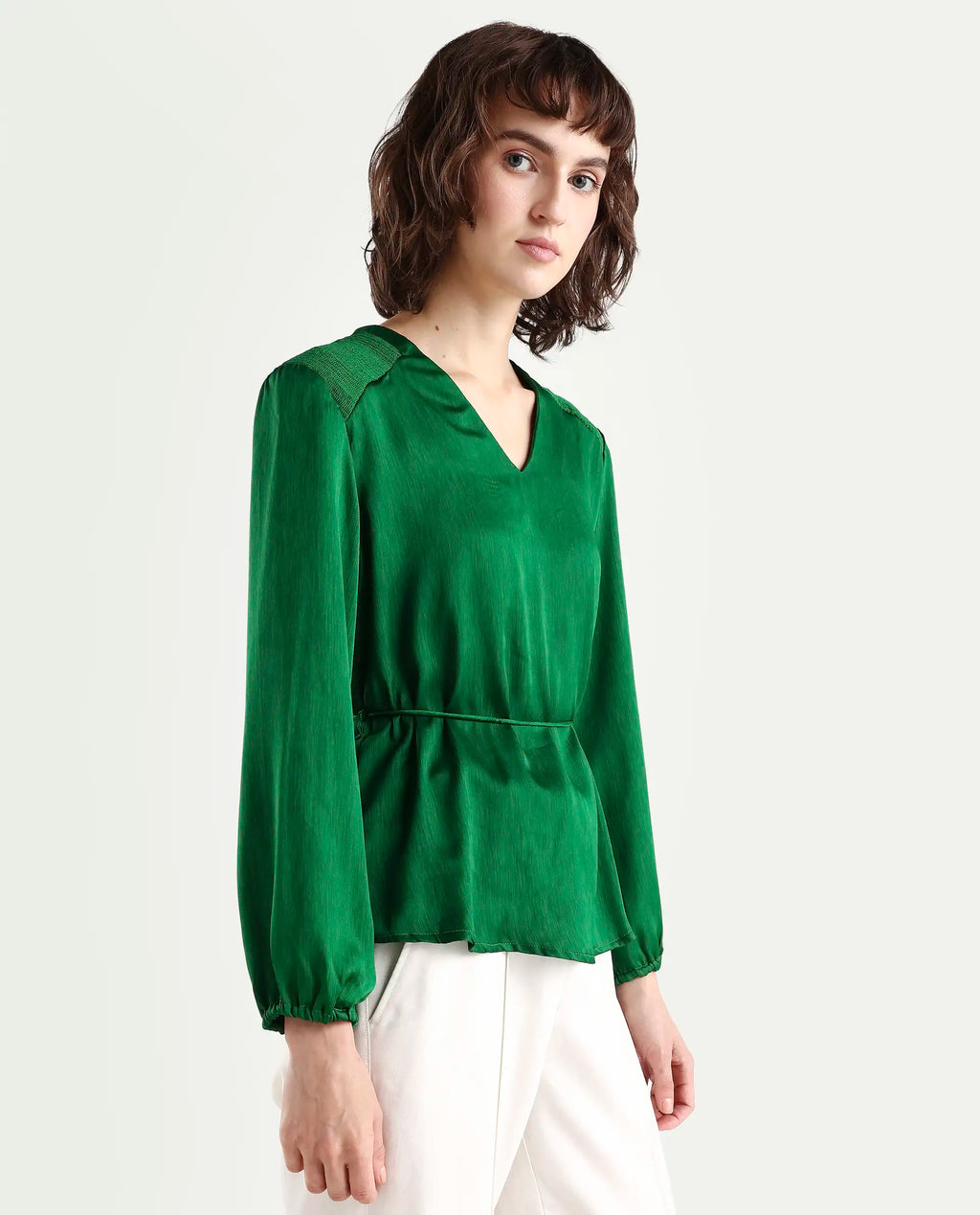 Rareism Womens Dronite Green Top Polyester Fabric Full Sleeve V Neck