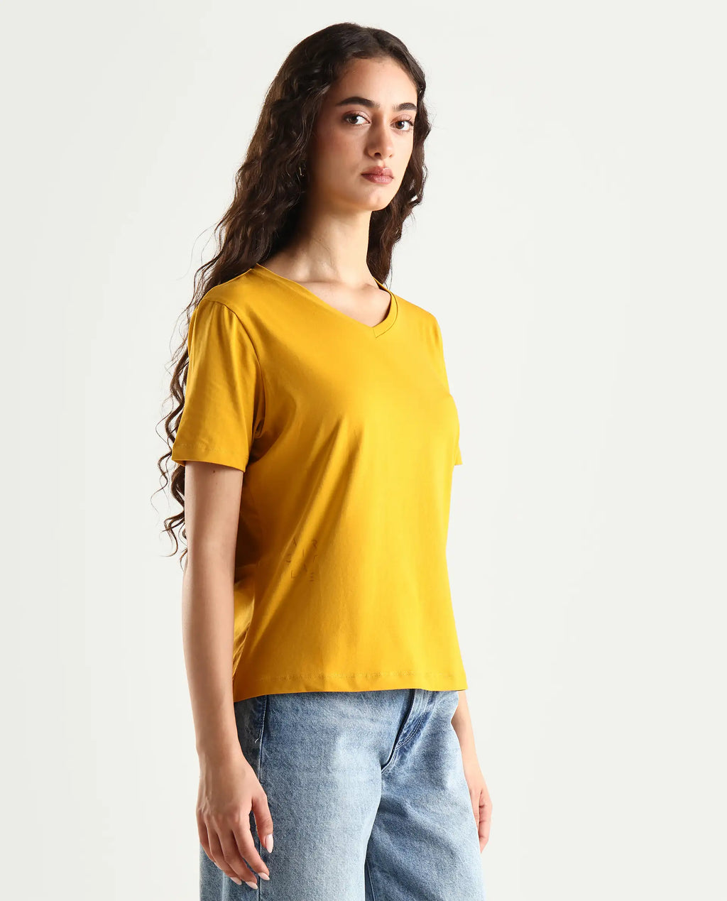 Rareism Women's Light Weight High Stretch 180 Gsm Cotton V-Neck Plain Regular Fit T-Shirt