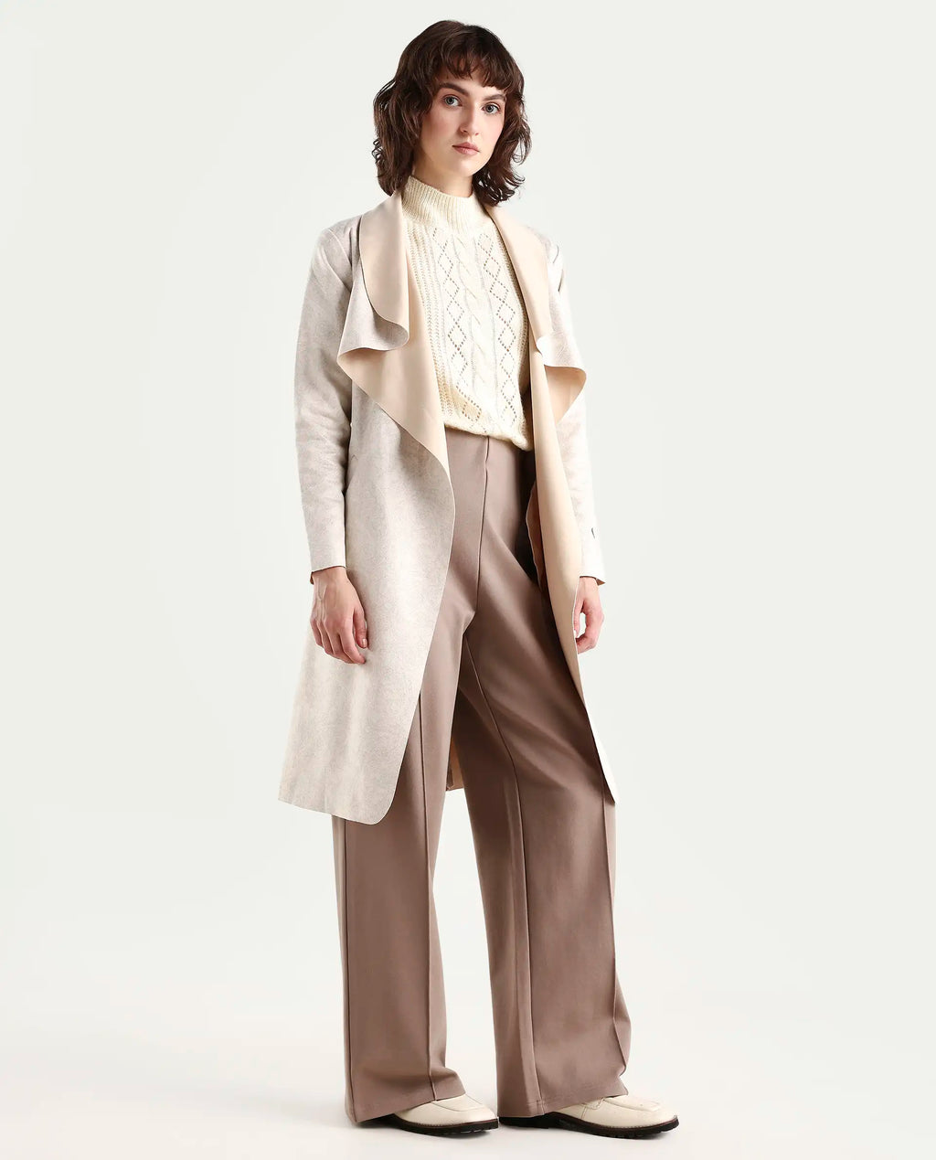 Rareism Women's Palmer Beige Polyester Collarless Plain Knee Length Relaxed Fit Jacket