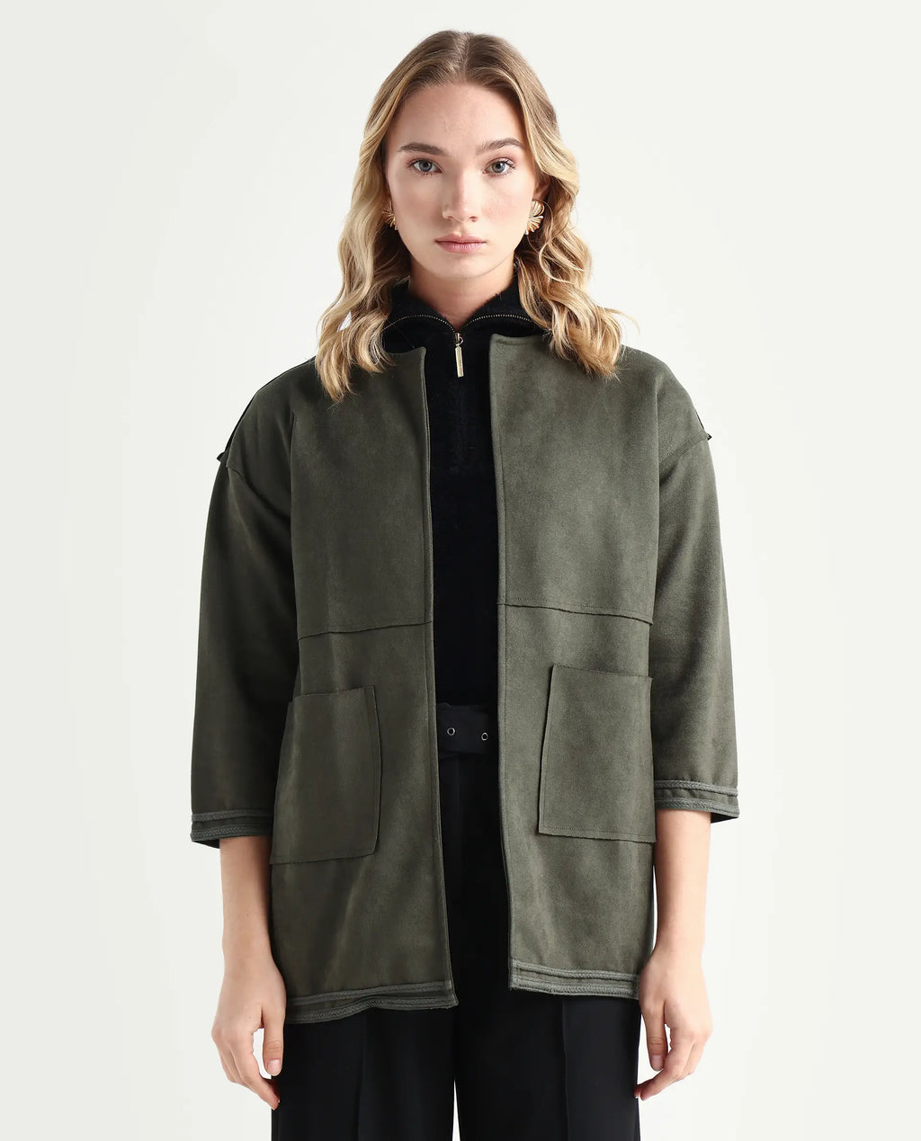 Rareism Women's Square Olive Polyester Boat Neck Plain Regular Fit Jacket