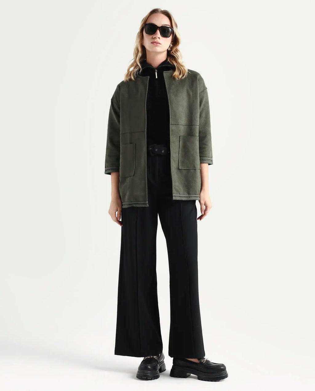 Rareism Women's Square Olive Polyester Boat Neck Plain Regular Fit Jacket
