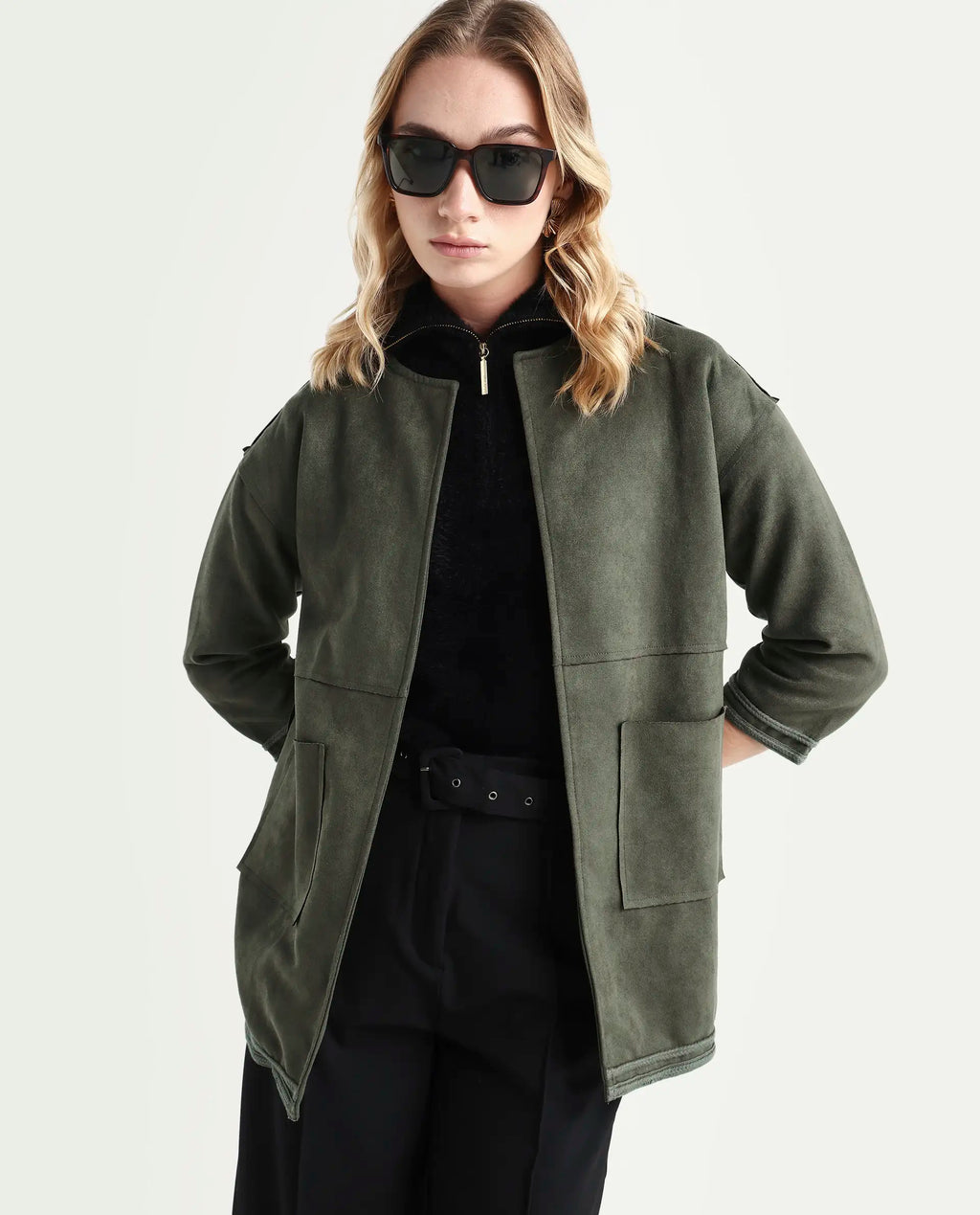 Rareism Women's Square Olive Polyester Boat Neck Plain Regular Fit Jacket