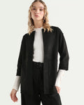Rareism Women's Square Black Polyester Boat Neck Plain Regular Fit Jacket