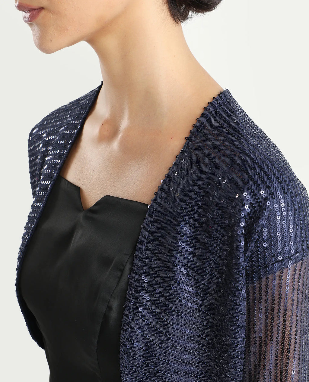 Rareism Women's Agog Blue Nylon Collarless Sequined Knee Length Regular Fit Shrug