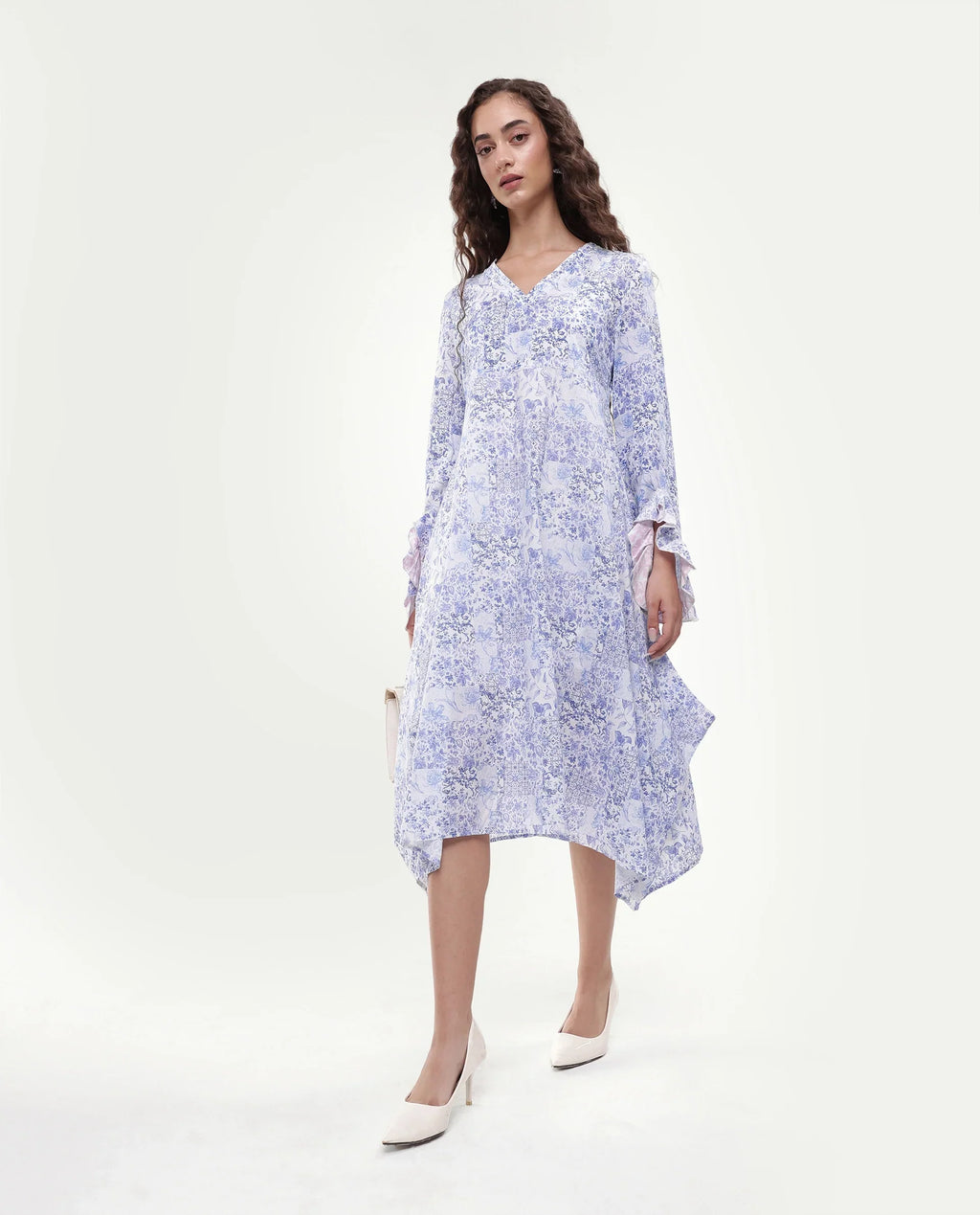 Rareism Women's Cherish Blue Cotton V-Neck Floral Print Knee Length Regular Fit Dress