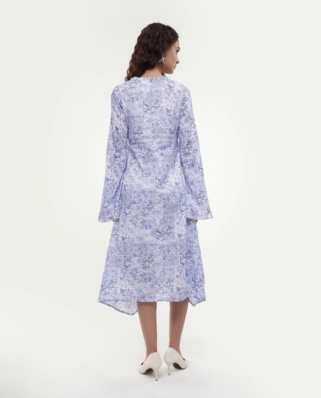 Rareism Women's Cherish Blue Cotton V-Neck Floral Print Knee Length Regular Fit Dress