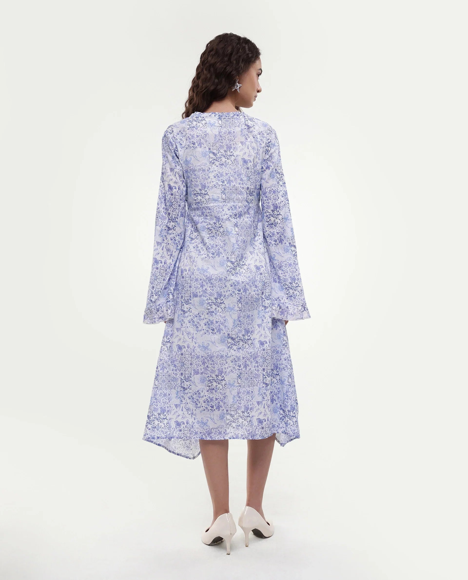 Rareism Women's Cherish Blue Cotton V-Neck Floral Print Knee Length Regular Fit Dress