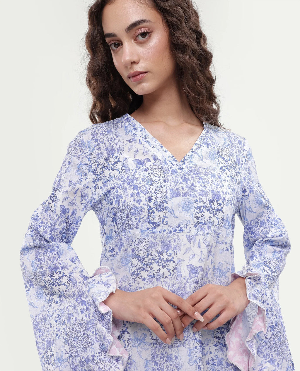 Rareism Women's Cherish Blue Cotton V-Neck Floral Print Knee Length Regular Fit Dress
