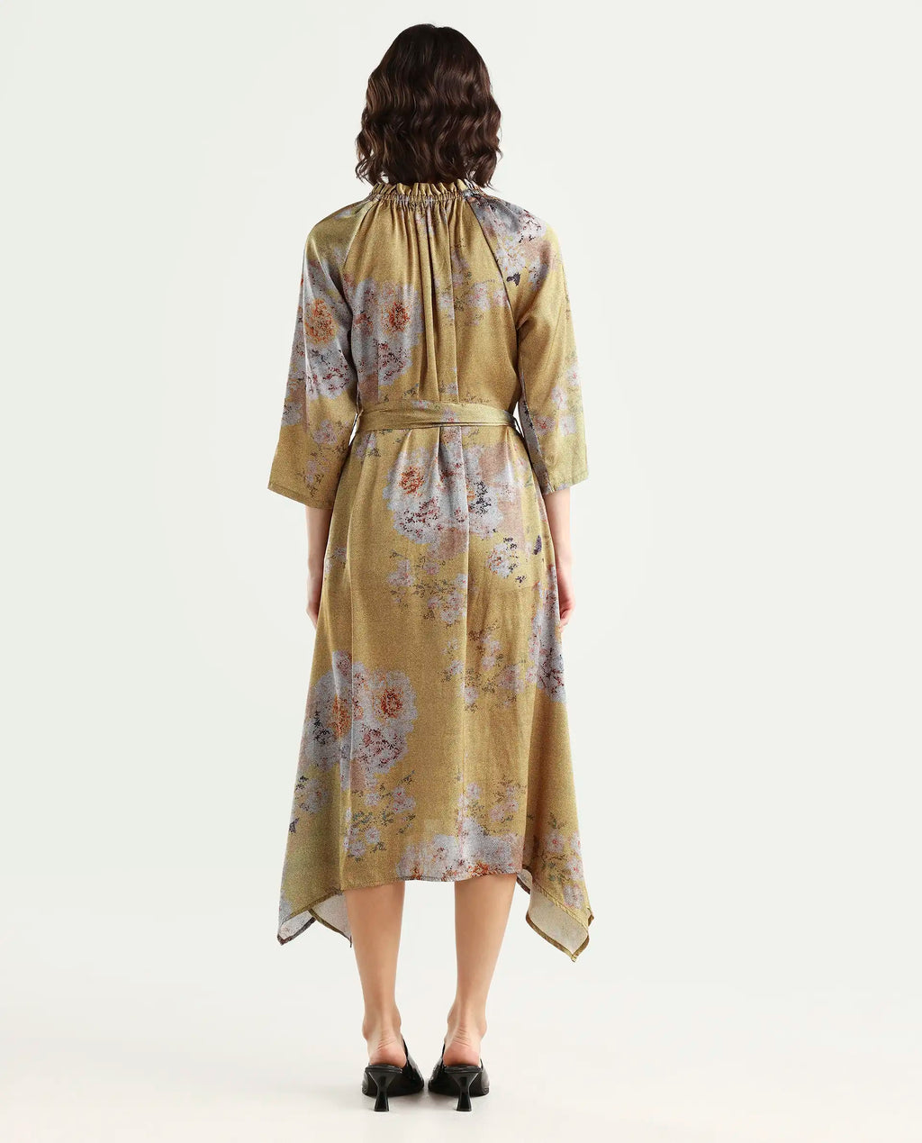 Rareism Women's Journee Yellow Polyester Sweetheart Neck Floral Print Midi Regular Fit Dress