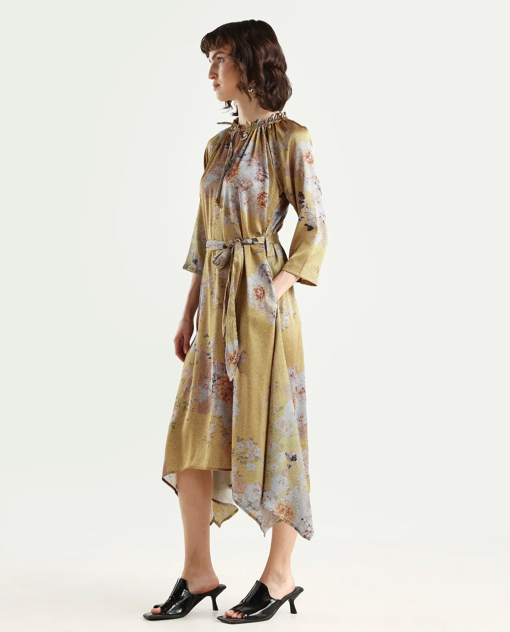 Rareism Women's Journee Yellow Polyester Sweetheart Neck Floral Print Midi Regular Fit Dress