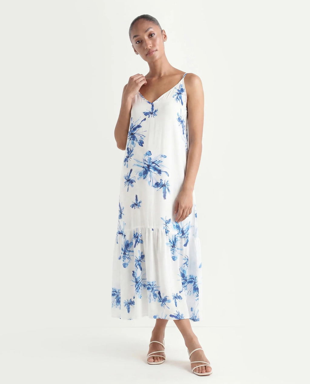 Rareism Women's Lola White Polyester Shoulder Strap Abstract Print Shoulder Strap Midi Regular Fit Dress