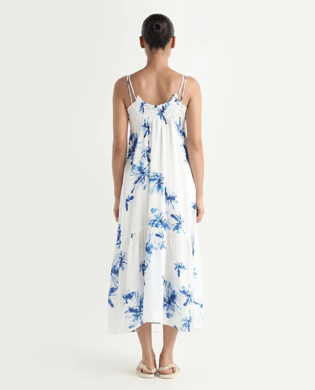 Rareism Women's Lola White Polyester Shoulder Strap Abstract Print Shoulder Strap Midi Regular Fit Dress