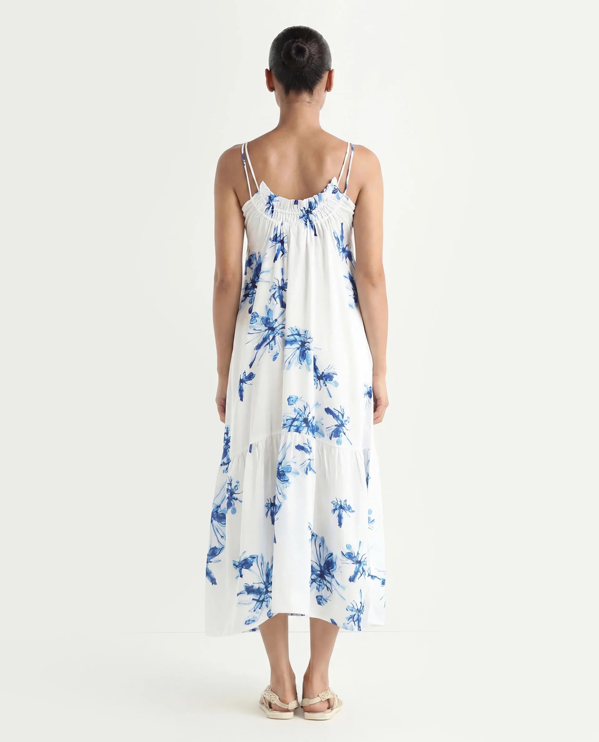 Rareism Women's Lola White Polyester Shoulder Strap Abstract Print Shoulder Strap Midi Regular Fit Dress