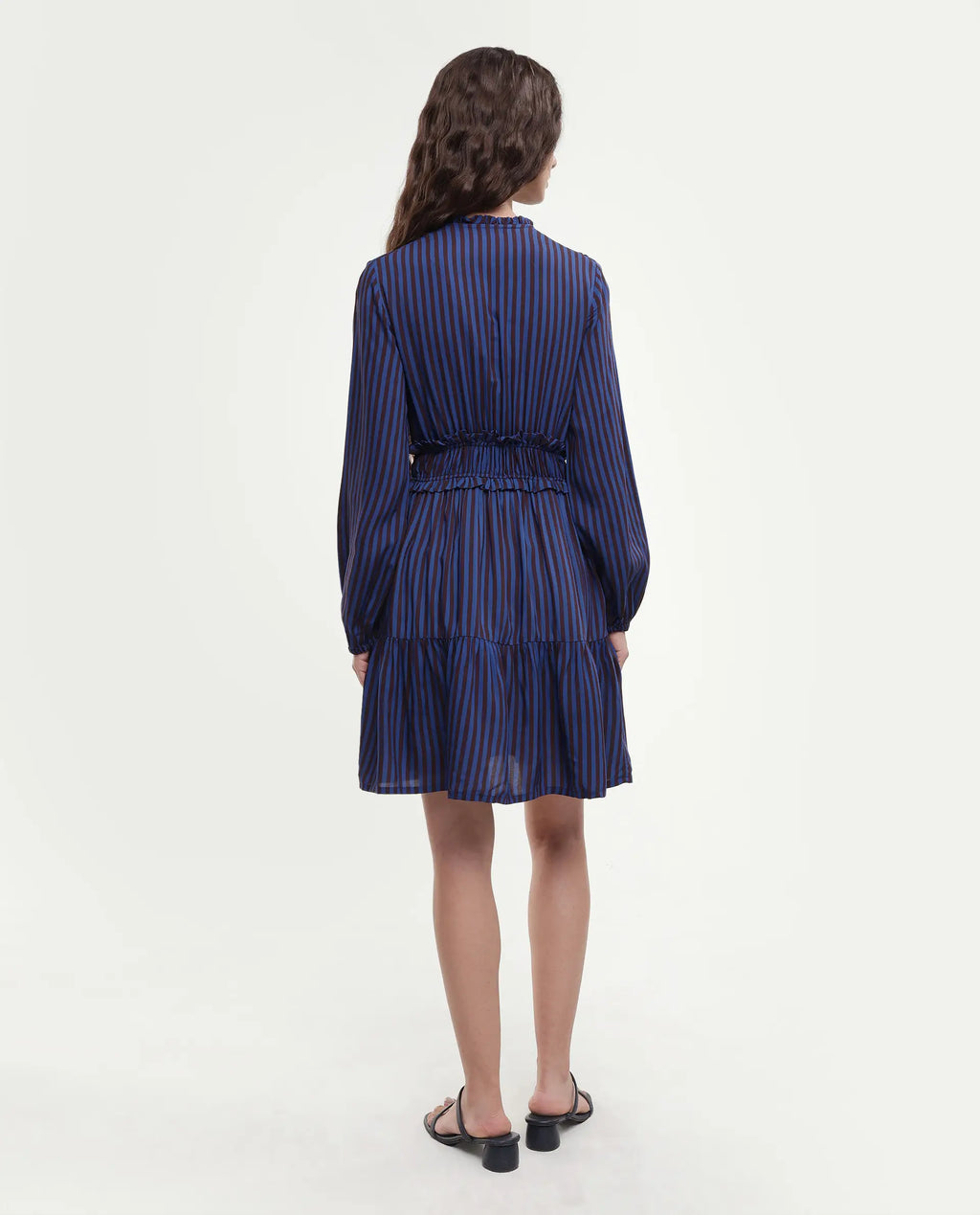 Rareism Women's Loretta Blue Viscose Mandarin Collar Striped Mini Regular Fit Dress