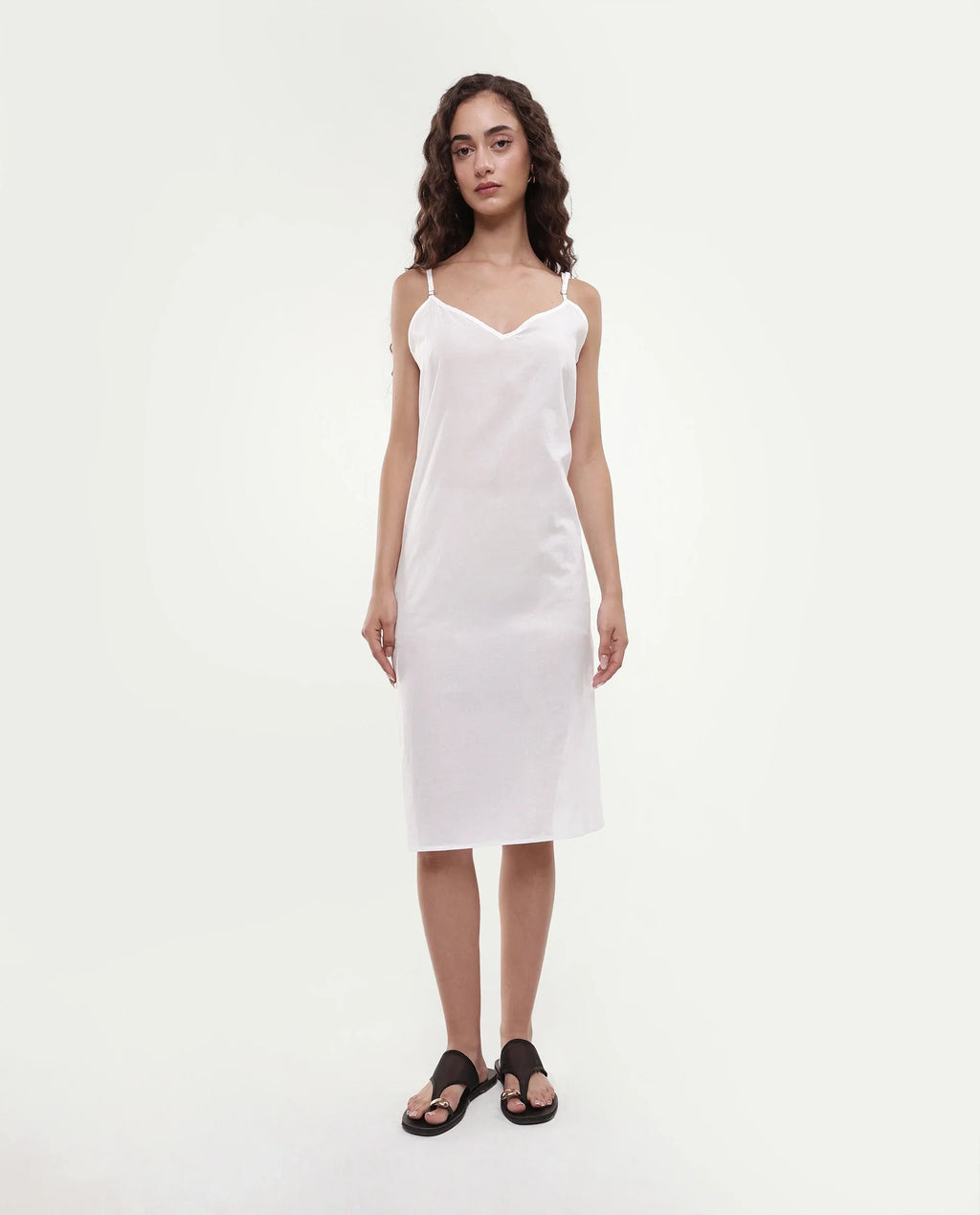 Rareism Women's Myle White Cotton Tie-Up Neck Plain Puff Sleeves Knee Length Regular Fit Dress