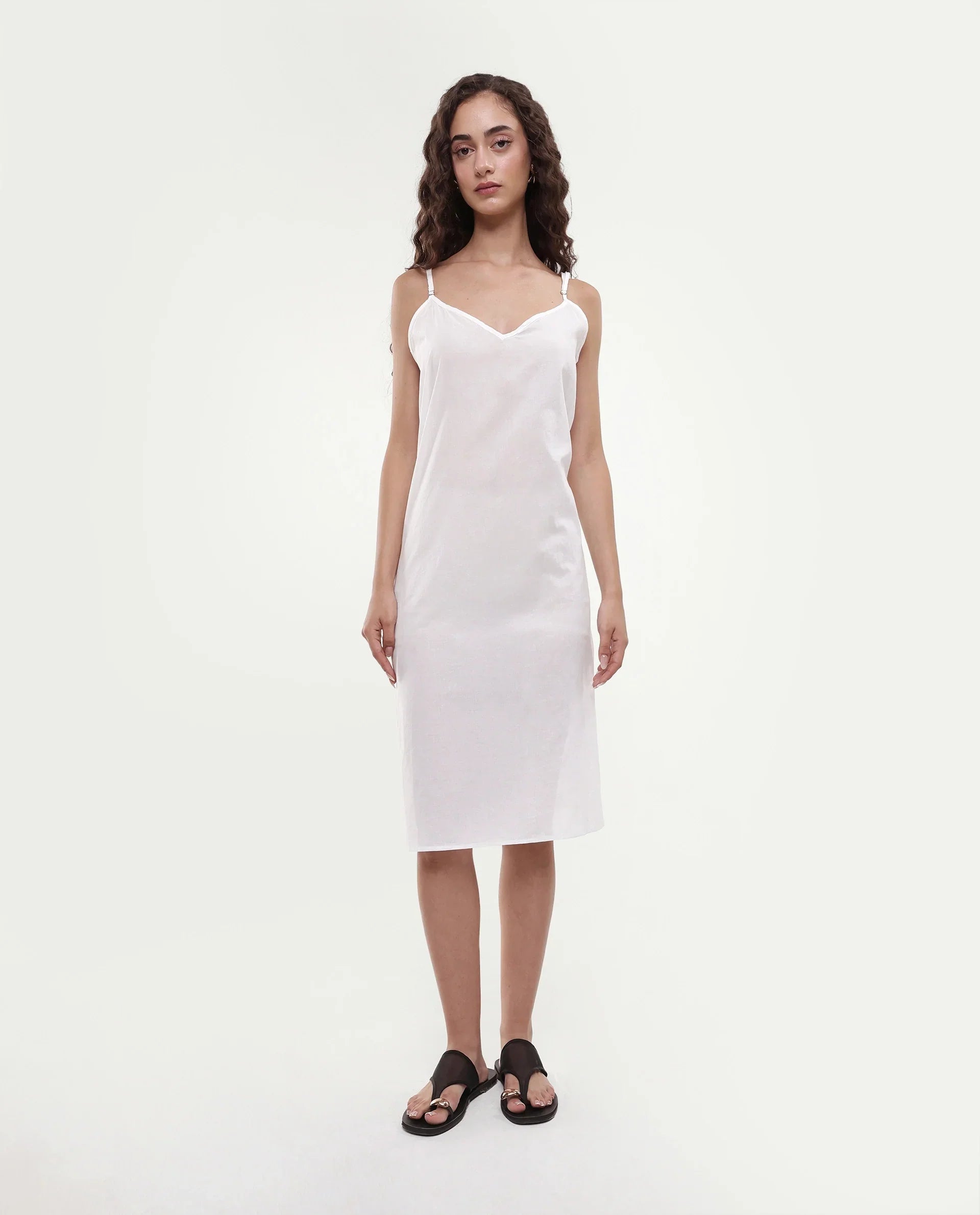Rareism Women's Myle White Cotton Tie-Up Neck Plain Puff Sleeves Knee Length Regular Fit Dress