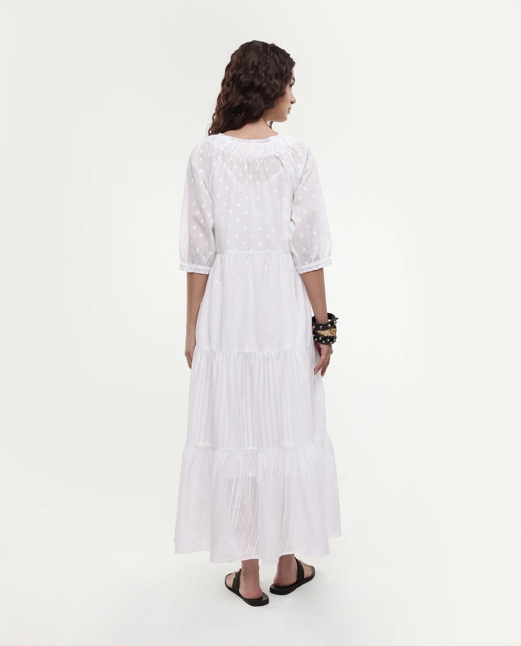 Rareism Women's Myle White Cotton Tie-Up Neck Plain Puff Sleeves Knee Length Regular Fit Dress