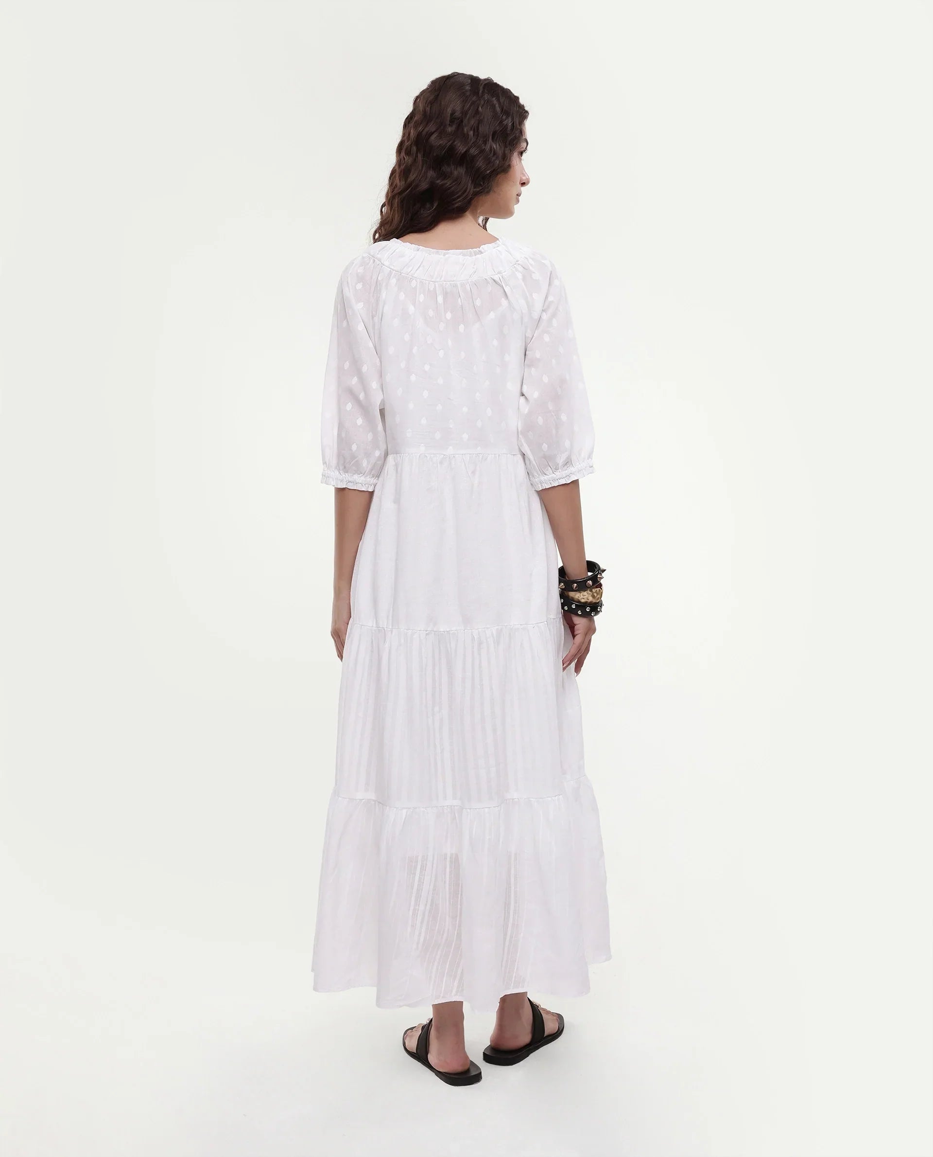 Rareism Women's Myle White Cotton Tie-Up Neck Plain Puff Sleeves Knee Length Regular Fit Dress
