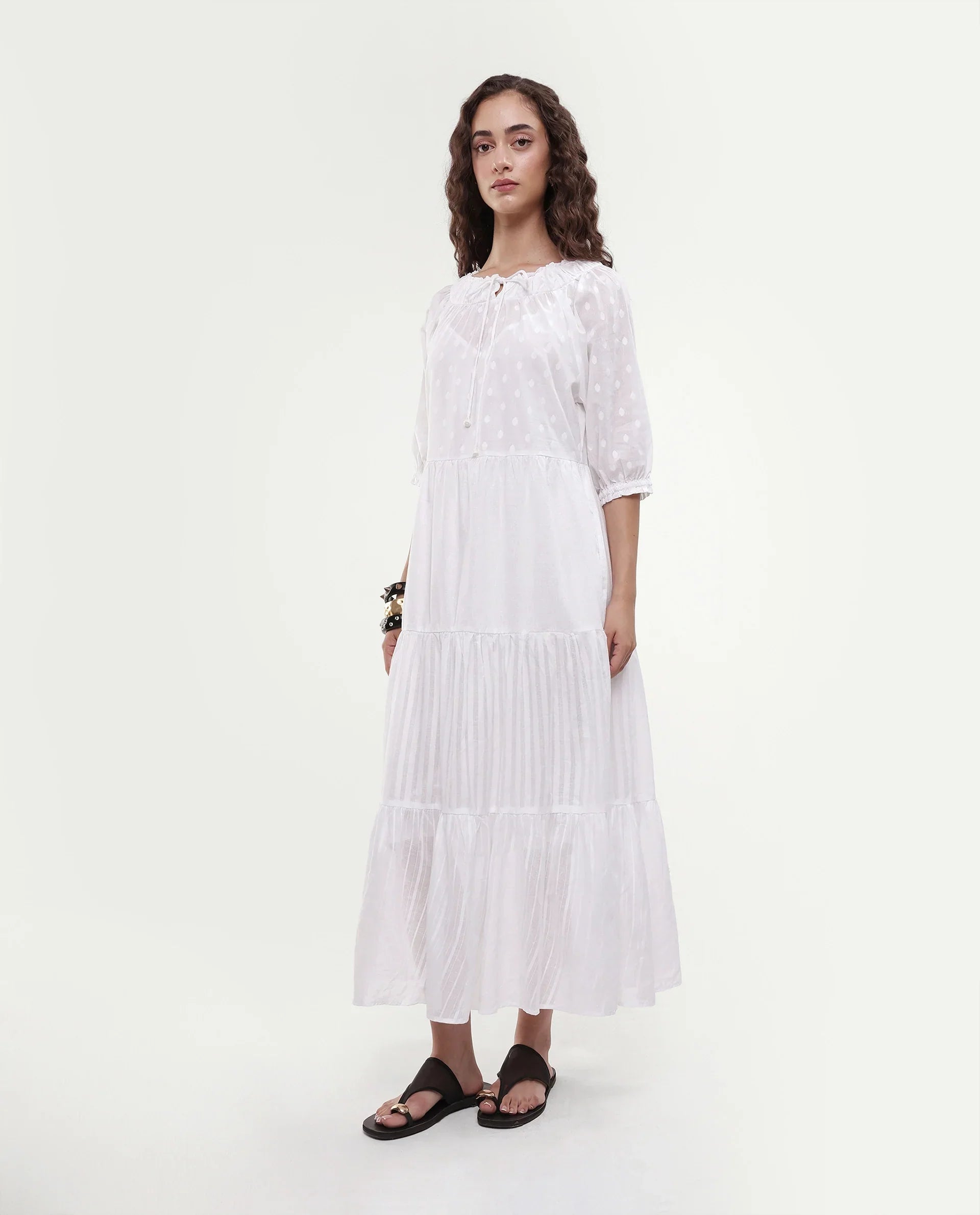 Rareism Women's Myle White Cotton Tie-Up Neck Plain Puff Sleeves Knee Length Regular Fit Dress