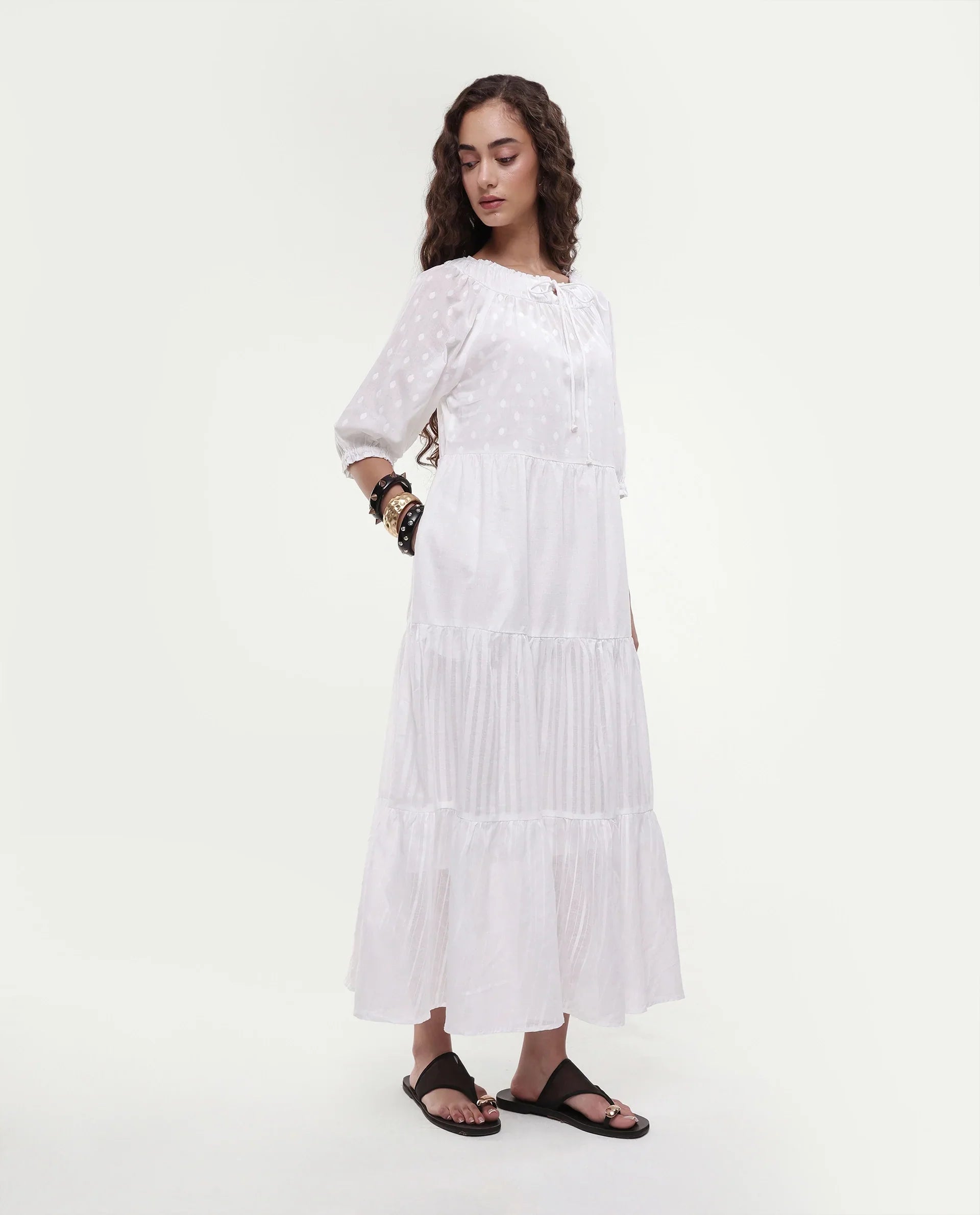 Rareism Women's Myle White Cotton Tie-Up Neck Plain Puff Sleeves Knee Length Regular Fit Dress