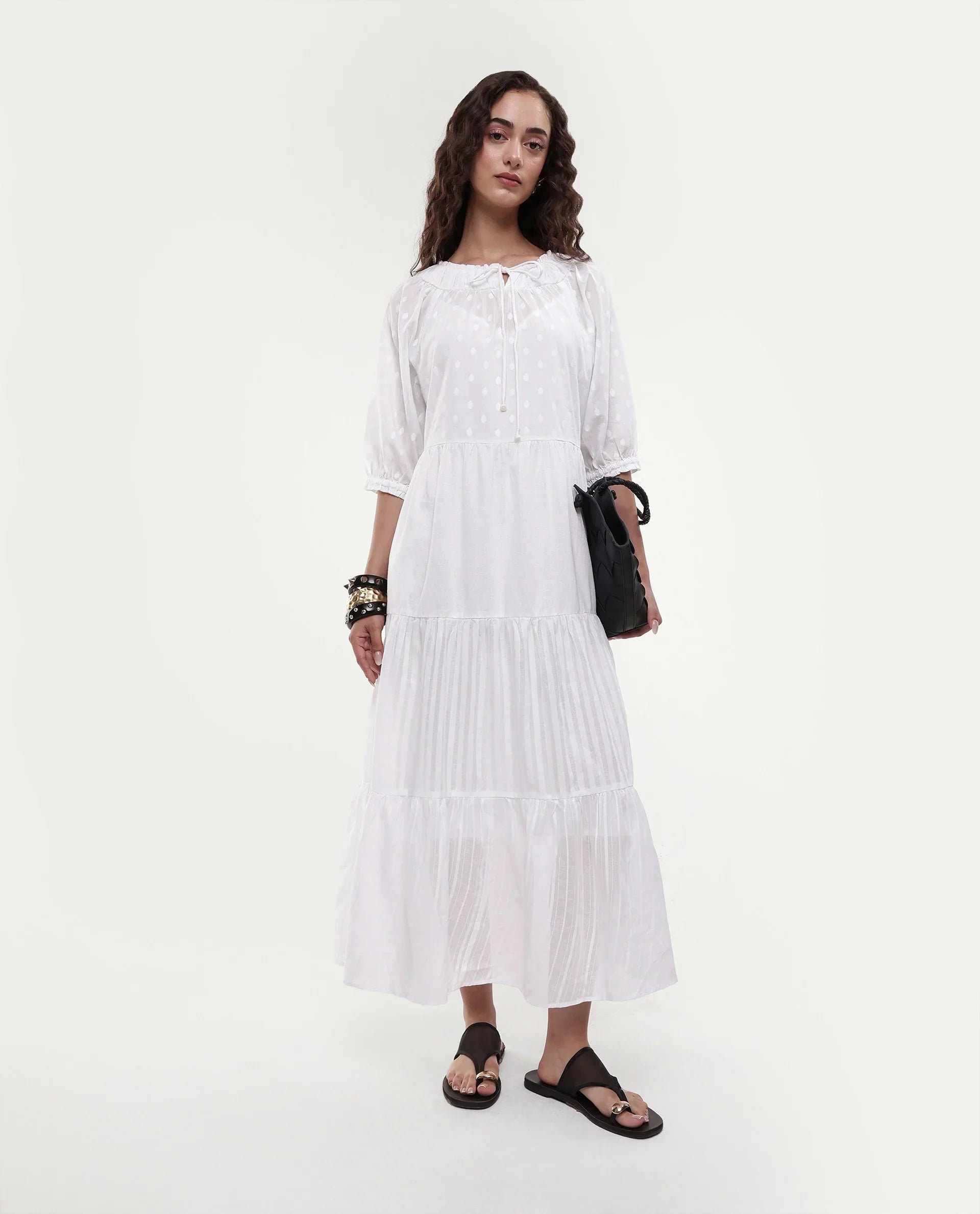 Rareism Women's Myle White Cotton Tie-Up Neck Plain Puff Sleeves Knee Length Regular Fit Dress