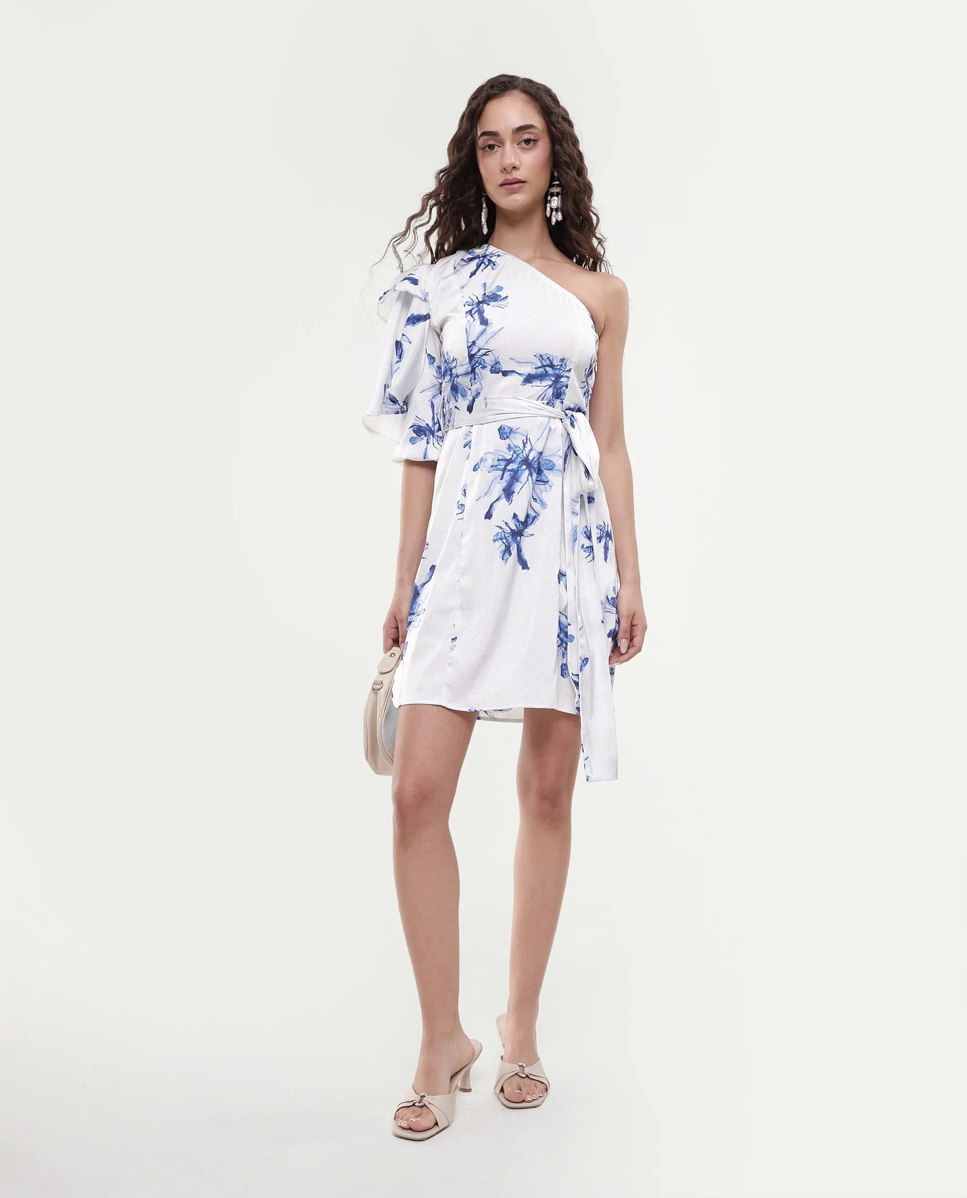 Rareism Women's Winnie White Modal One Shoulder Floral Print Puff Sleeves Knee Length Slim Fit Dress