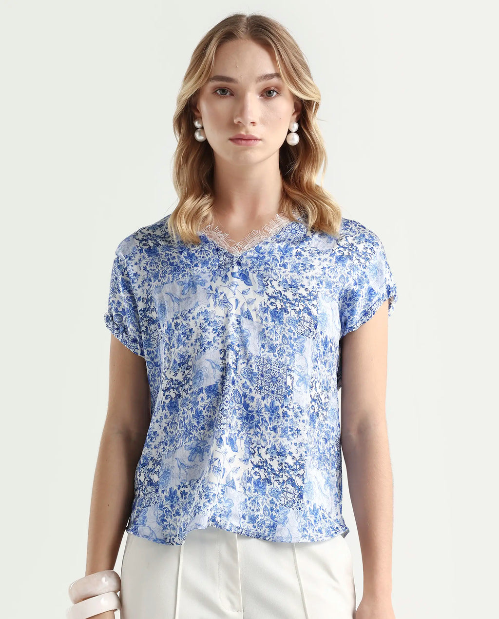 Rareism Women's Annika Blue Polyester V-Neck Abstract Print Extended Sleeves Regular Fit Top