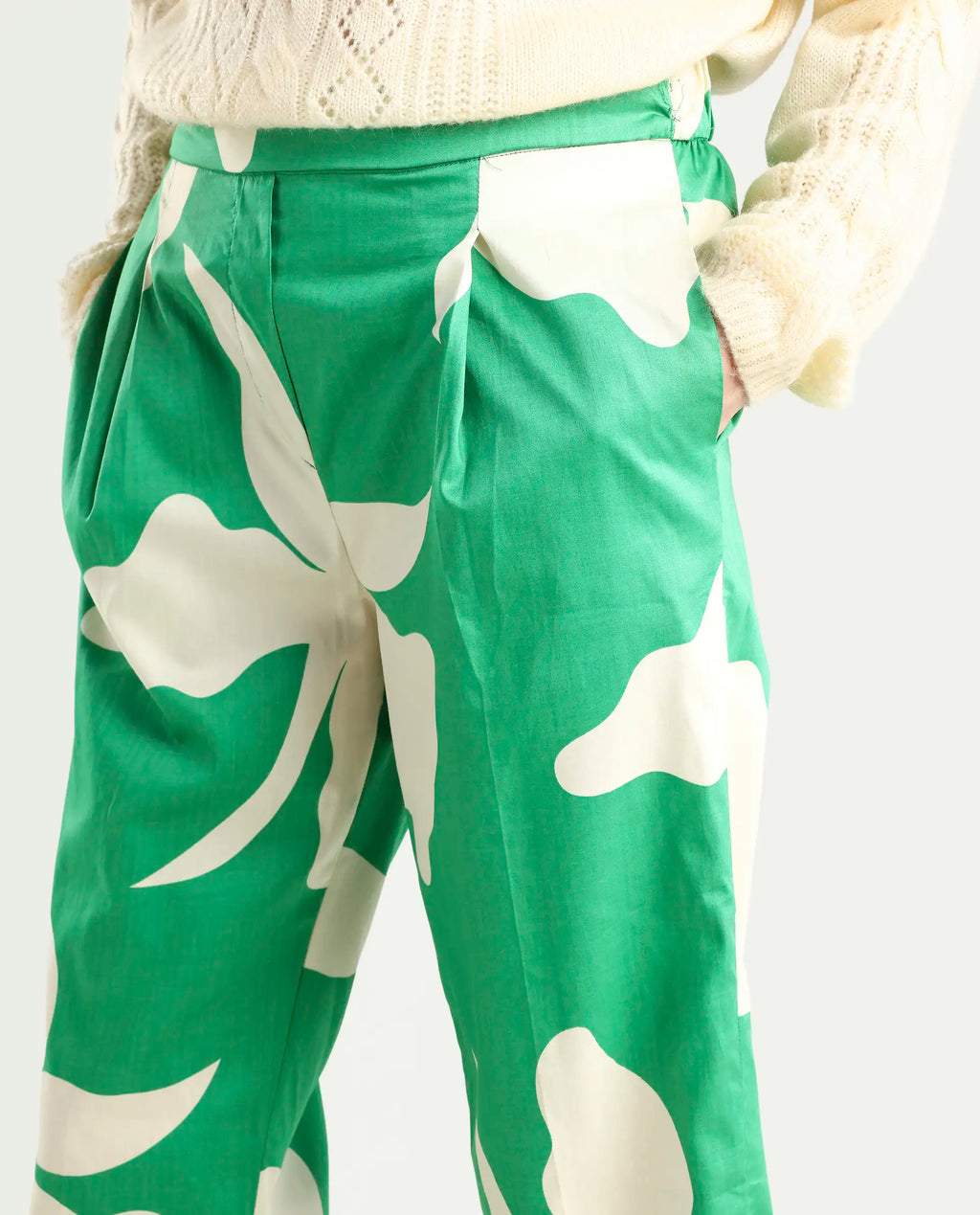 Rareism Women's Slag Green Cotton Floral Print Ankle Length Relaxed Fit Trouser