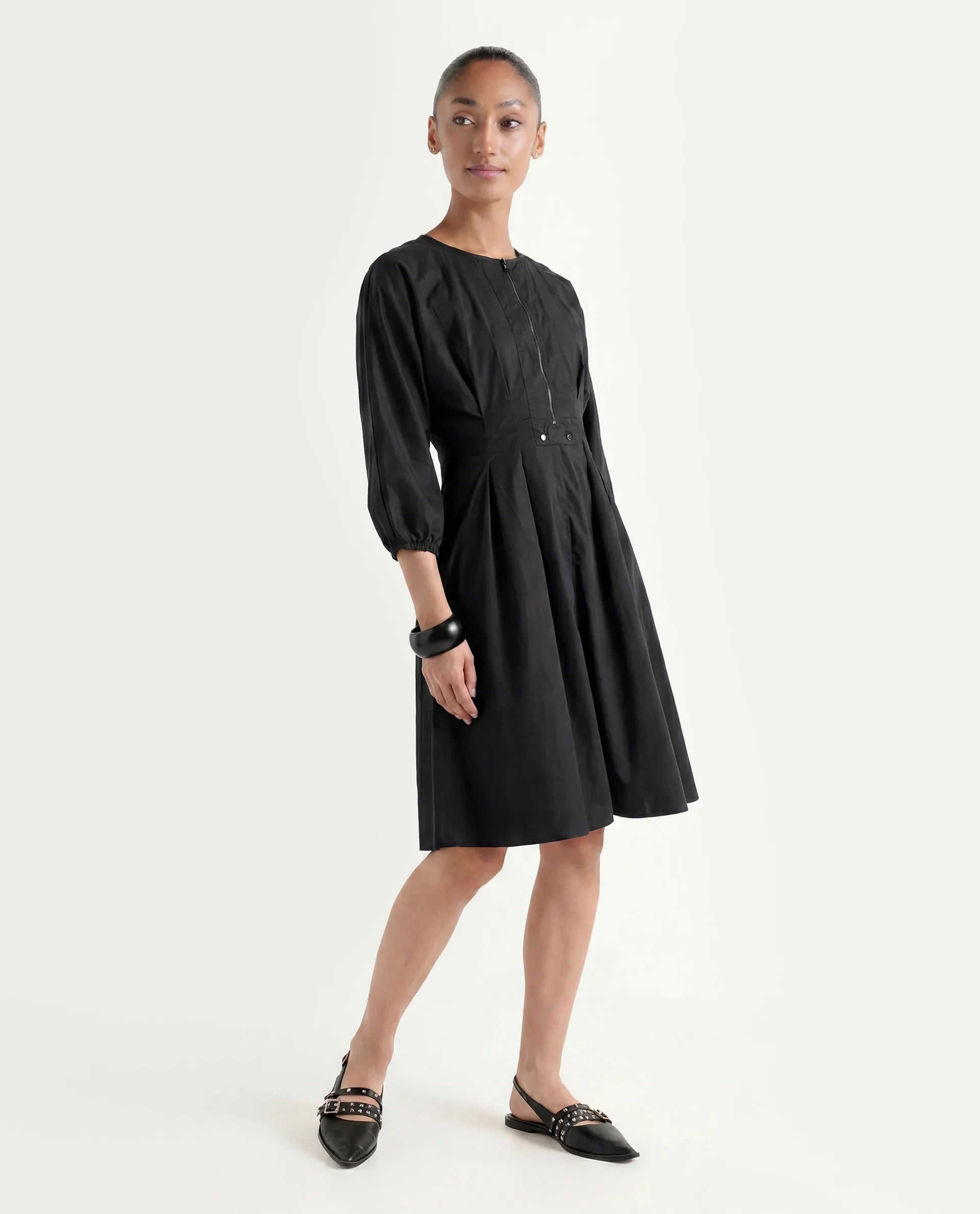 Rareism Women's Mayem Black Cotton Crew Neck Plain Volume Sleeve Knee Length Fit And Flare Dress